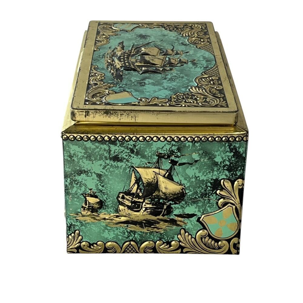 Vintage Tin Cigar Container Made In West Germany Ship Motif Green Teal Gold 8"L - Picture 6 of 7
